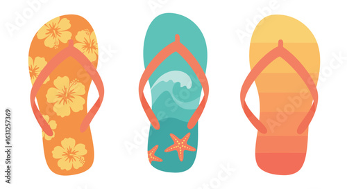 Single summer flip flops with tropical hibiscus, ocean, and sunset designs
