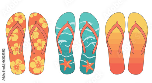 Summer flip flops collection with hibiscus, ocean, and sunset themes