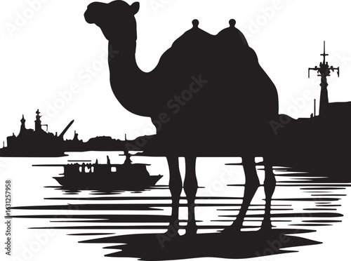 Camel with sea port in silhouette image white backgrpound.