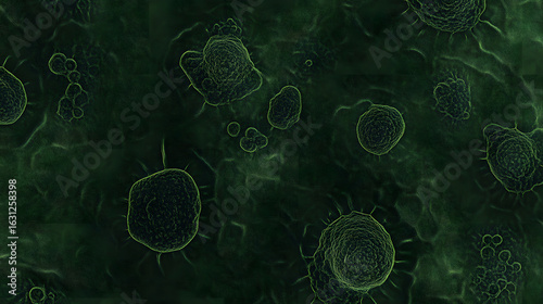 Smooth dark green wallpaper featuring microscopic cells, abstract organic shapes, and scientific texture, evoking mysterious and calming atmosphere for backgrounds or design
