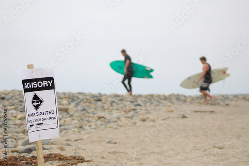 Two Surfers Walking on the Beach with Shark Sign