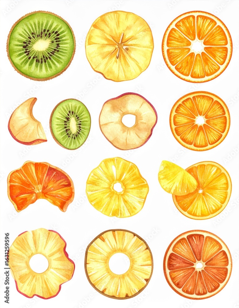 Obraz premium Assorted Fruit Slices Watercolor Painting Featuring Kiwi Apple Orange Pineapple and Citrus