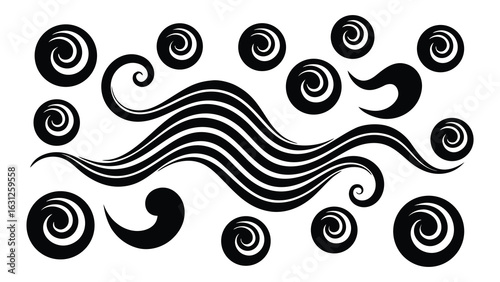 Vector art of abstract black swirls and wavy lines isolated on white background.