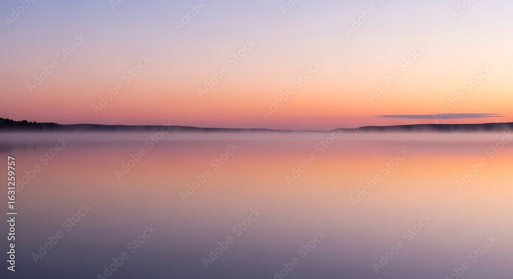 Naklejka premium Serene Twilight at the Tranquil Lake: A Breathtaking Vista of Misty Waters and Soft Pastel Hues as Daylight Turns to Dusk, Perfect for Relaxation and Peaceful Reflection