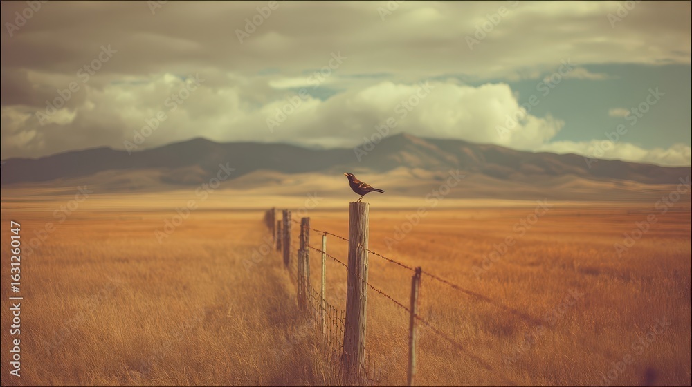 Obraz premium A solitary bird perched atop a weathered fence post in a vast, golden field.