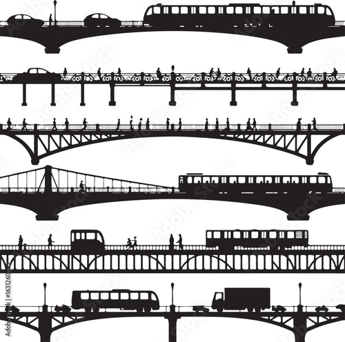 Silhouetted bridges with vehicles and pedestrians urban