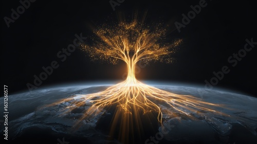 Glowing golden tree of life with its root spreading across planet earth. majestic and hopeful abstract concept of global connection, growth, and energy from outer space