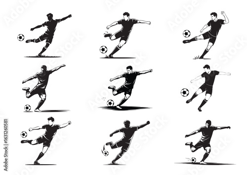 Football player, kicking ball soccer silhouette vector Set
