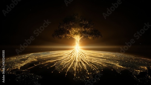 Glowing tree of light with root spreading across earth, powerful abstract concept of global network and connection, symbolizing growth and hope in darkness