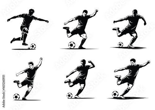 Football player, kicking ball soccer silhouette vector Set