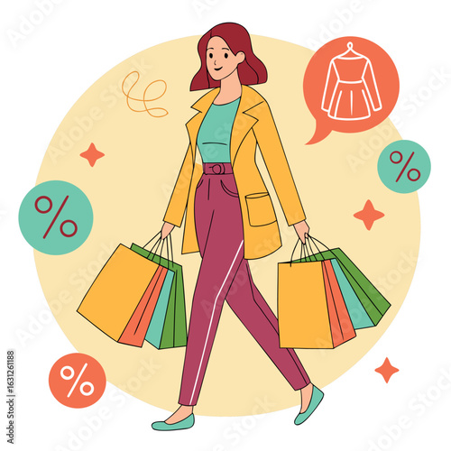Cartoon woman with shopping bags and a red dress idea enjoys retail therapy