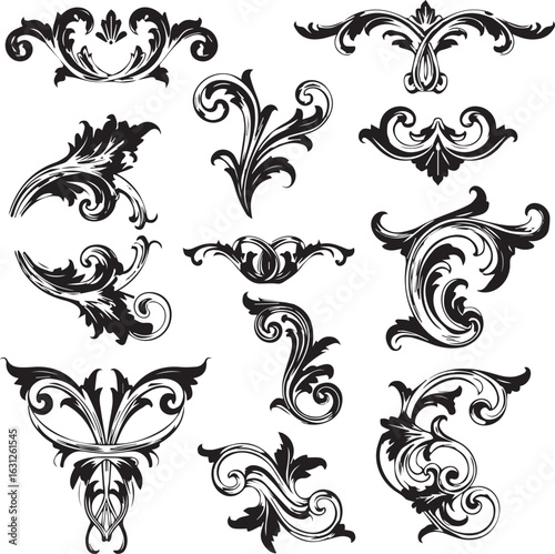 Collection of ornate black floral scrollwork and decorative elements on a white background flourish vintage