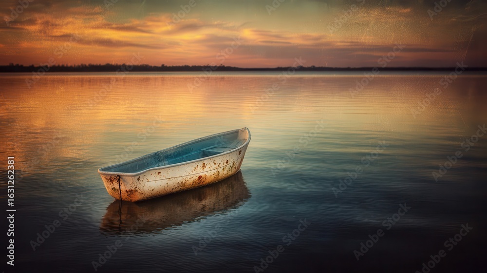 Obraz premium Tranquil lake scene at sunset with a lone boat.