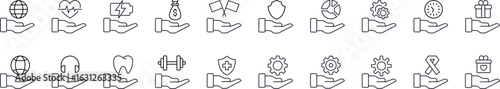 Collection of Signs of Globe, Business, Gear, Healthcare on Hand Drawn with Thin Line for Graphics, Cards, Web Sites, Apps