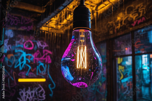 Illuminated Light Bulb Hanging in Urban Graffiti Setting. Generative AI.