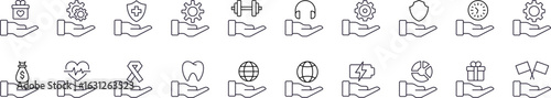 Collection of Outline Symbols of Globe, Business, Gear, Healthcare Drawn with Thin Line for Graphics, Cards, Web Sites, Apps