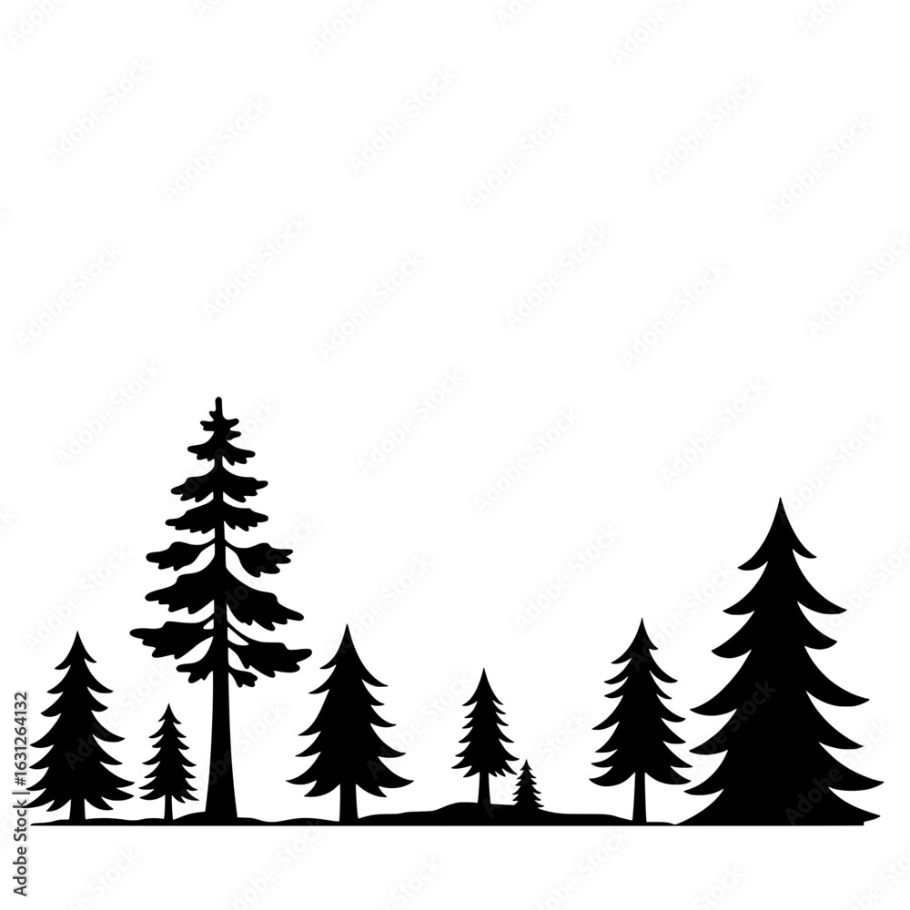 Obraz premium Silhouette of a Serene Forest: A minimalist yet captivating silhouette of an evergreen forest, rendered in stark black against a muted backdrop, evokes tranquility and a deep connection to nature.