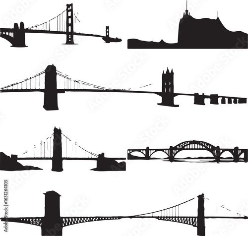 Suspension bridges and city skyline silhouettes cityscape