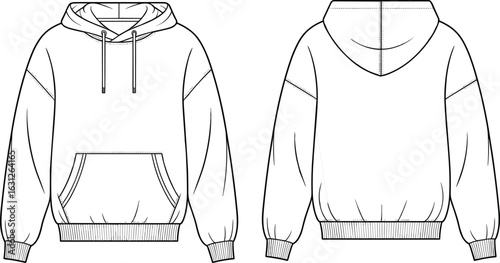 Front and back view of hoodie, drawstring hood, kangaroo pocket, ribbed cuffs, ribbed hem, fashion sketch, garment template, clothing design, apparel outline, sweatshirt mockup.
