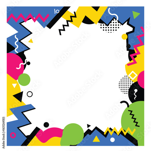 Abstract frame with geometric shapes in vibrant colors, creating a playful and dynamic border around a central white space.