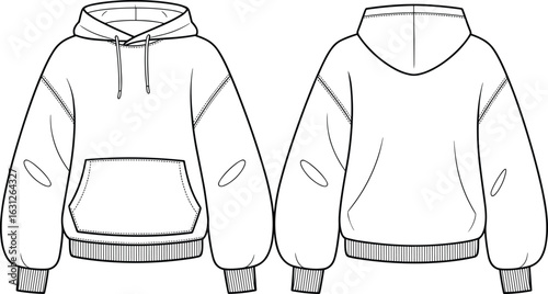 Front and back view of hoodie, technical drawing, fashion sketch, kangaroo pocket, drawstring hood, elbow patches, ribbed cuffs, ribbed hem, garment design, clothing template.