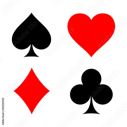casino and card game icon, representing spade, diamond, and poker suits in a black and red vector design, symbolizing gambling and luck