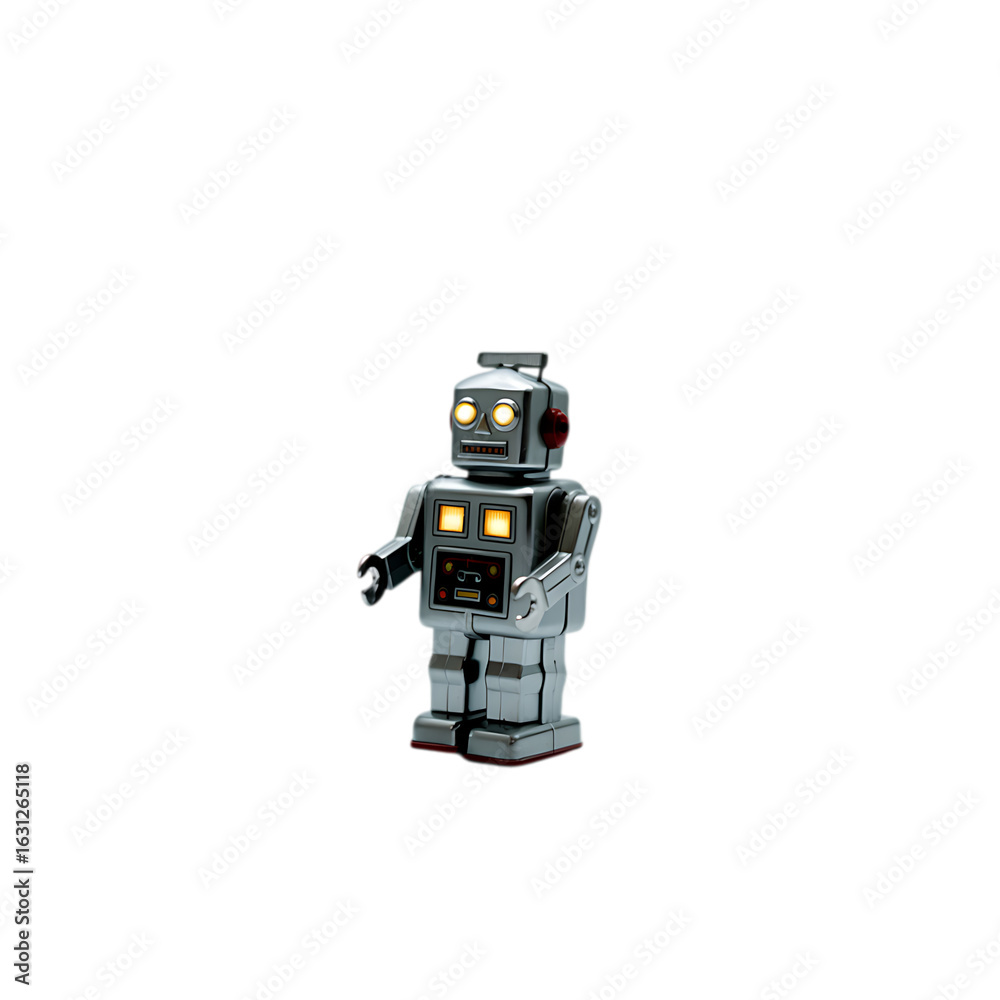 Fototapeta premium Silver Wind Up Robot Toy isolated on a transparent background