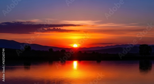 Serene sunset over lake with reflections and distant mountains silhouette