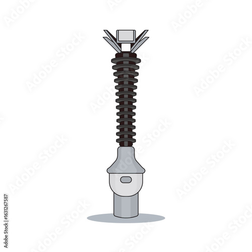 Vector of a high-voltage transformer bushing insulator with clamp terminal, used in electrical substations and switchgear systems. Technical illustration, isolated on white.