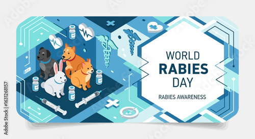 Celebrate World Rabies Day with a modern design featuring dogs, a rabbit, and vaccine imagery, promoting rabies awareness and the importance of animal health