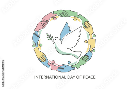 Inspiring International Day of Peace graphic with dove and diverse hands symbolizing unity and global harmony, perfect for social media campaigns & events