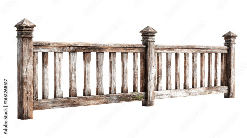 Naklejka premium Rustic wooden fence with detailed textures, isolated on a white background.