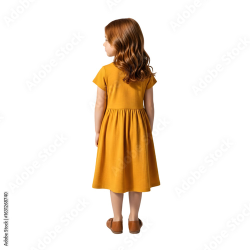 Sweet young girl with wavy auburn hair in a mustard yellow dress stands looking left.