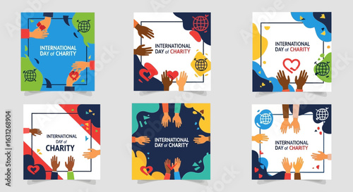 Celebrate International Day of Charity with diverse hands offering support, love, and global unity in vibrant, eye-catching graphics that inspire giving