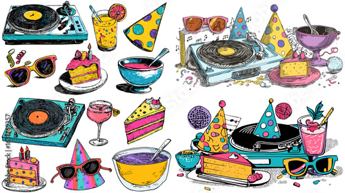 Colorful retro party set featuring vinyl turntables, cake, drinks, and party hats. Perfect for DJ events, birthdays, and fun celebration themes.

