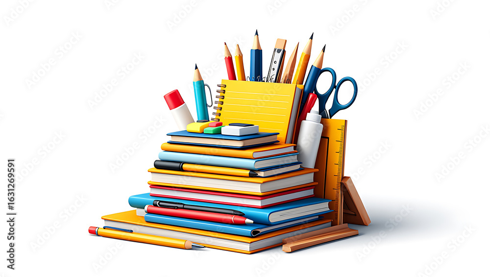 Fototapeta premium 3d school supply drive stack of books and stationery