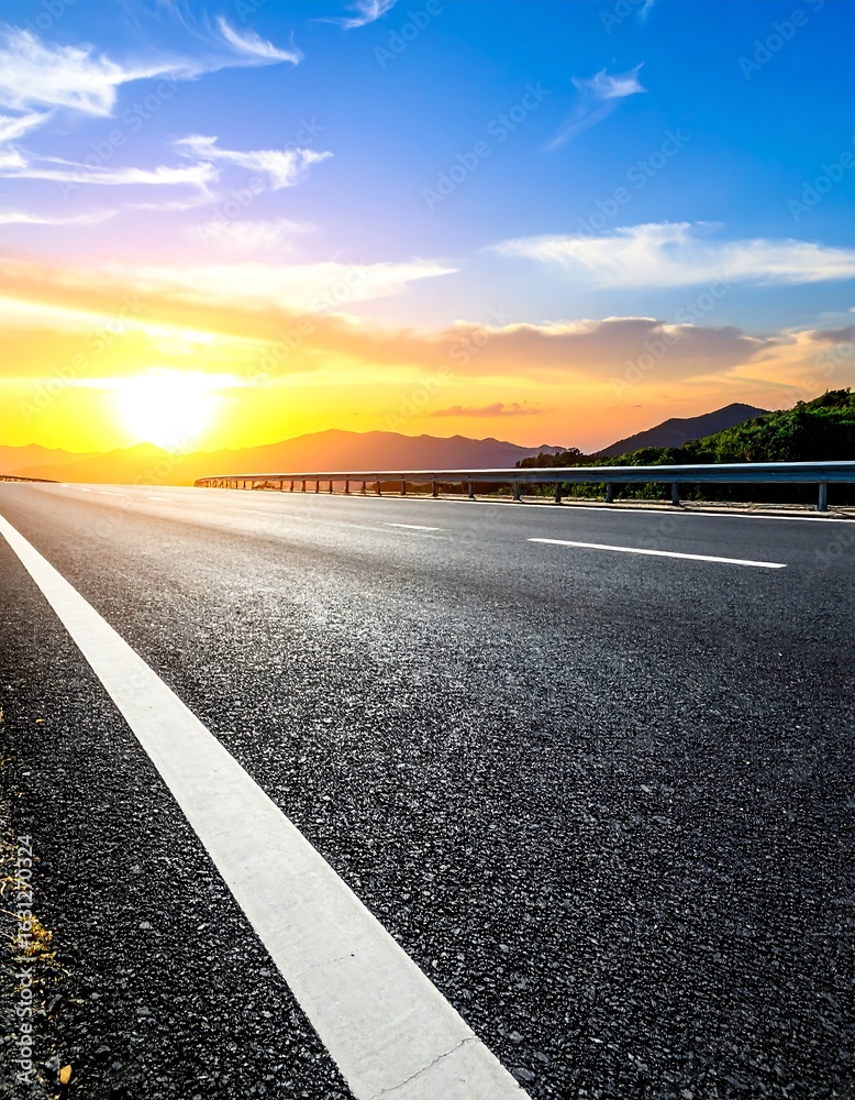 Fototapeta premium Empty asphalt road at sunset over hills