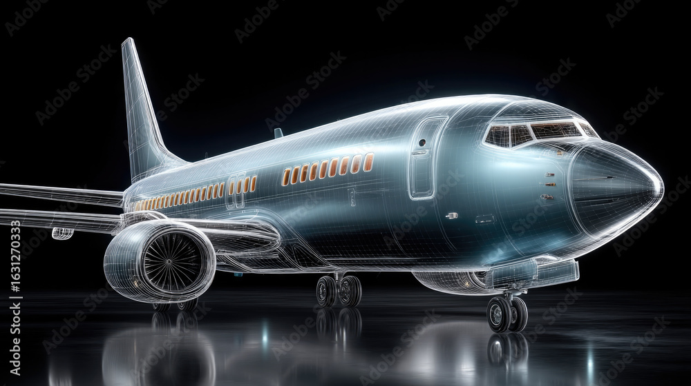 Fototapeta premium Futuristic airplane digital wireframe modern jet technology aviation 3D rendering innovation transportation isolated sleek design