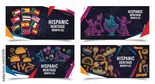 Celebrate Hispanic Heritage Month with vibrant cultural symbols like flags, dancers, and iconic foods in festive designs perfect for promotions and events.