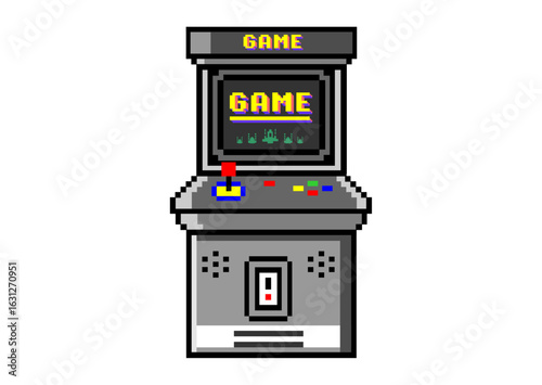 A pixel art arcade machine with a joystick, buttons, and a screen displaying the word "GAME," evoking a nostalgic retro gaming vibe from the golden age of arcades.