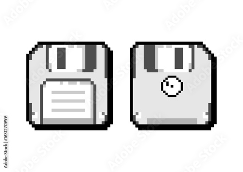 Two pixel art floppy disks, showing front and back views, in a grayscale retro style, representing old data storage technology from the classic computer era.