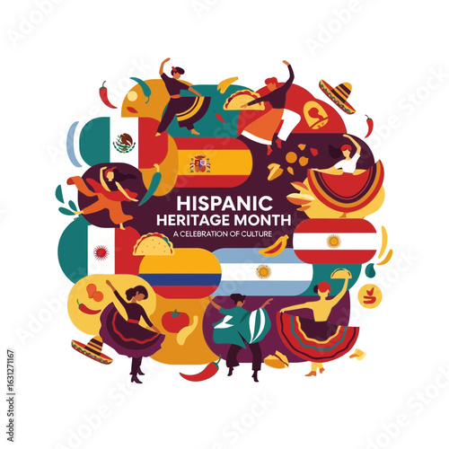 Celebrate Hispanic Heritage Month with vibrant dancers, flags, and cultural symbols representing diversity and joy
