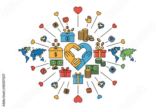 Global charity and donations concept with hands forming a heart, fundraising and giving for a better world