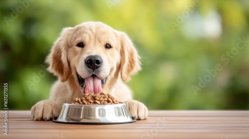 A happy golden retriever puppy eagerly looks at a bowl filled with dry dog food on a wooden table outdoors.