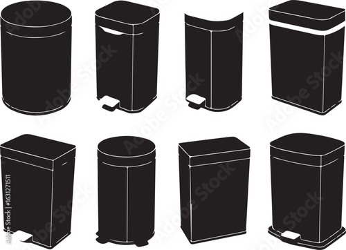 Various black trash cans with white outlines waste bin