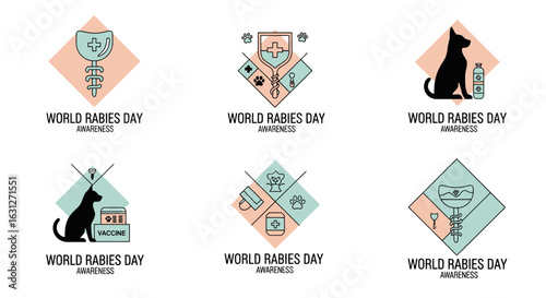 World Rabies Day awareness campaign featuring illustrated icons of pets, vaccinations, and medical symbols, perfect for educational content.