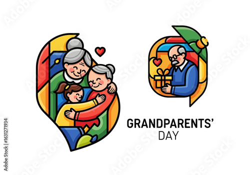 Heartwarming illustration celebrates Grandparents Day with family embracing, gift-giving, and cherished moments filled with love and joy