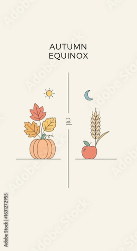 Autumn Equinox minimalist line art illustration with pumpkin, apple, wheat, sun, and moon symbols.