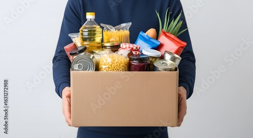 Person holding a box full of groceries and food items for donation