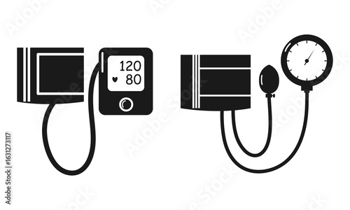 Black shapes manual and digital blood pressure icons isolated on white